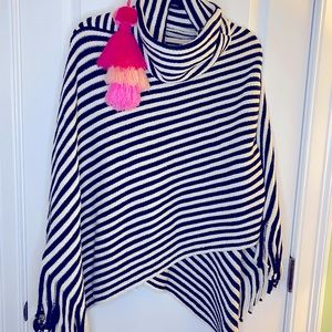 Dark navy and white striped poncho with fringe
